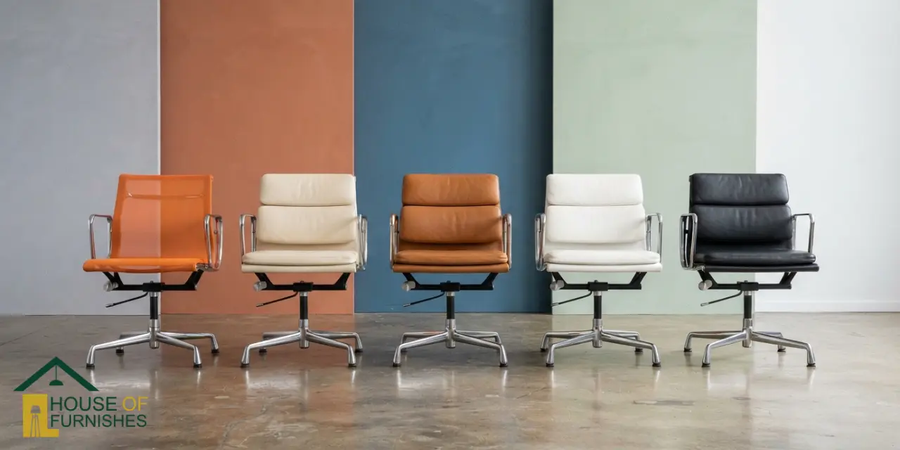 office chair colour guide — colourful eames style office chairs in modern studio