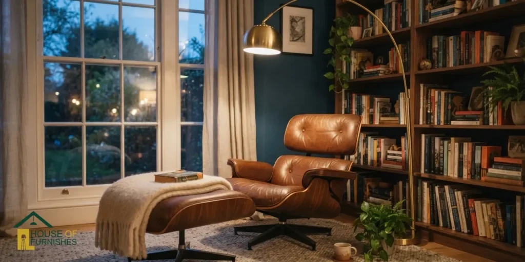 reading corner ideas — lounge chair ottoman arc lamp and bookshelf nook