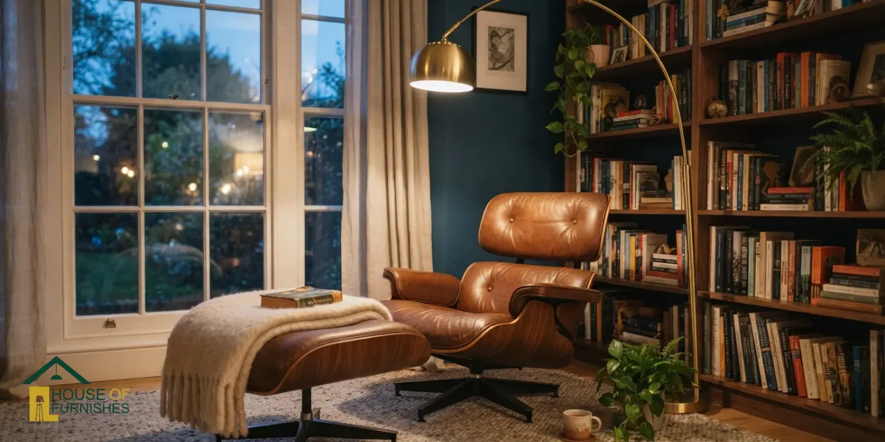reading corner ideas — lounge chair ottoman arc lamp and bookshelf nook