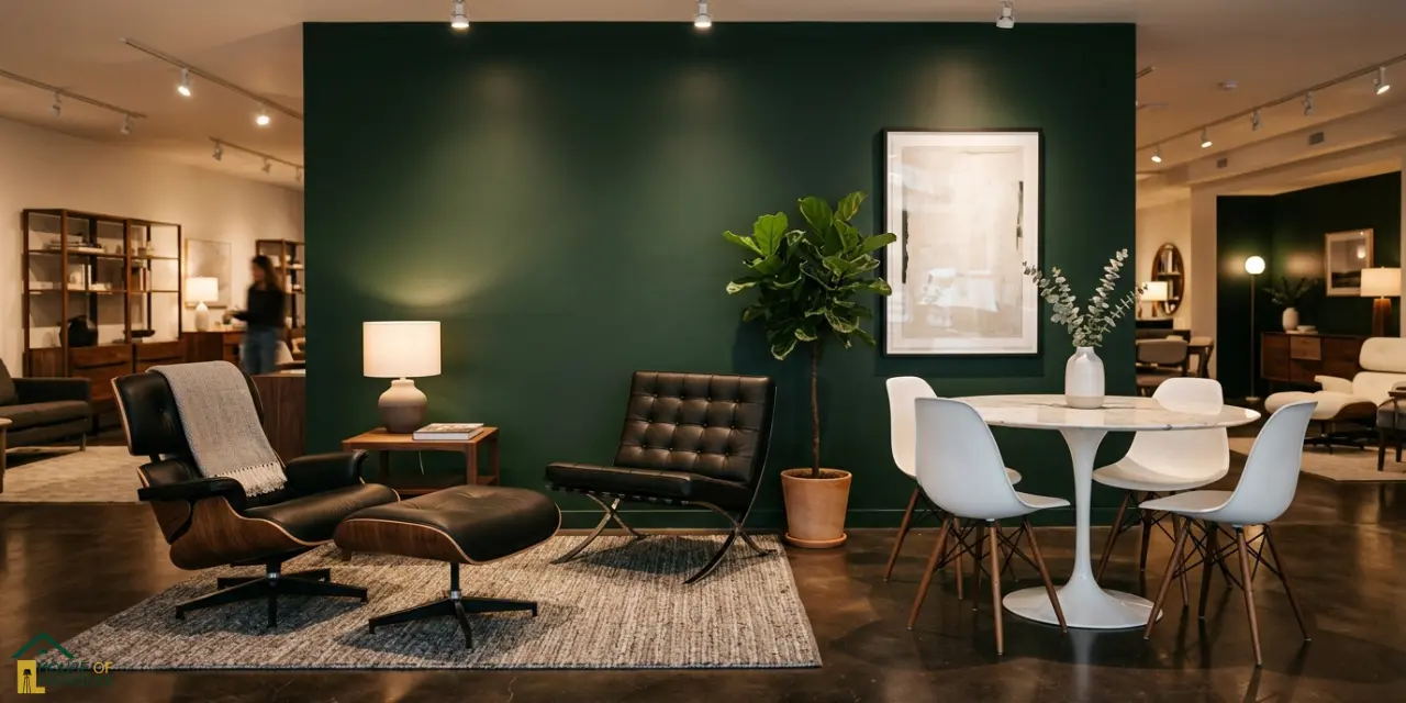 replica furniture buying guide — lounge chair barcelona chair and dining set in showroom