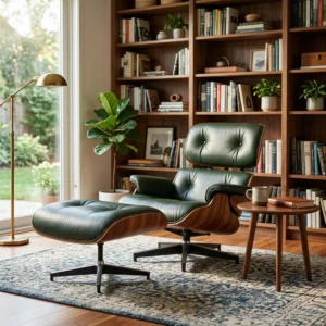 Emerald Green leather Palisander Wood Eames-style lounge chair, front view