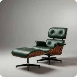 Emerald Green leather Palisander Wood Eames-style lounge chair, three-quarter angle view
