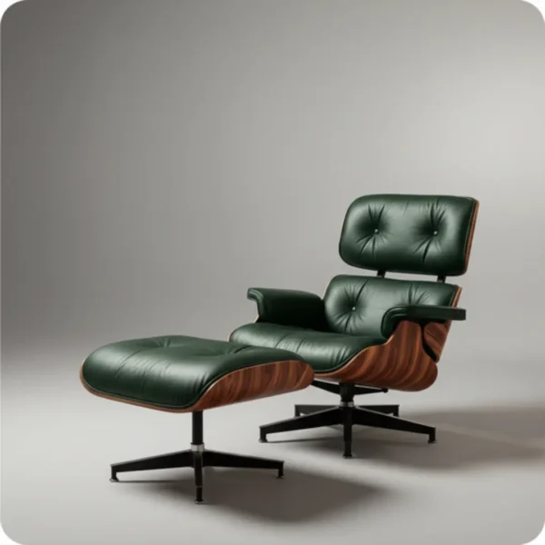 Emerald Green leather Palisander Wood Eames-style lounge chair, three-quarter angle view