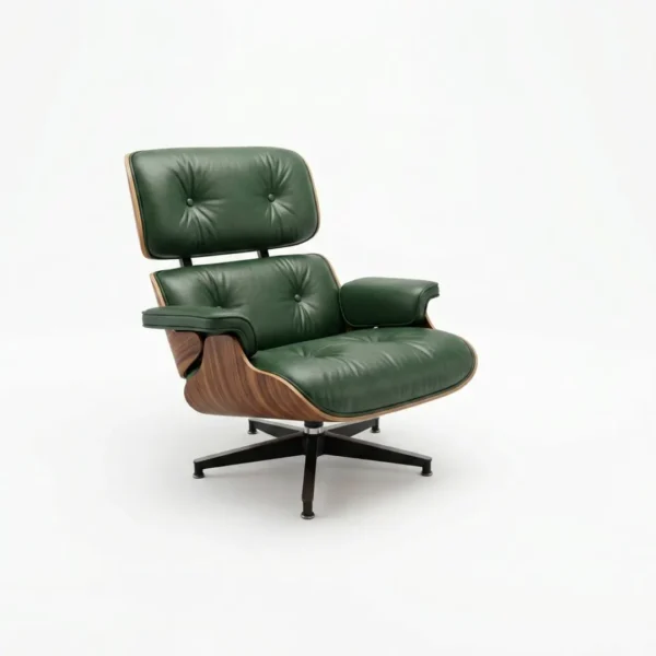 Emerald Green leather Palisander Wood Eames-style lounge chair, back view