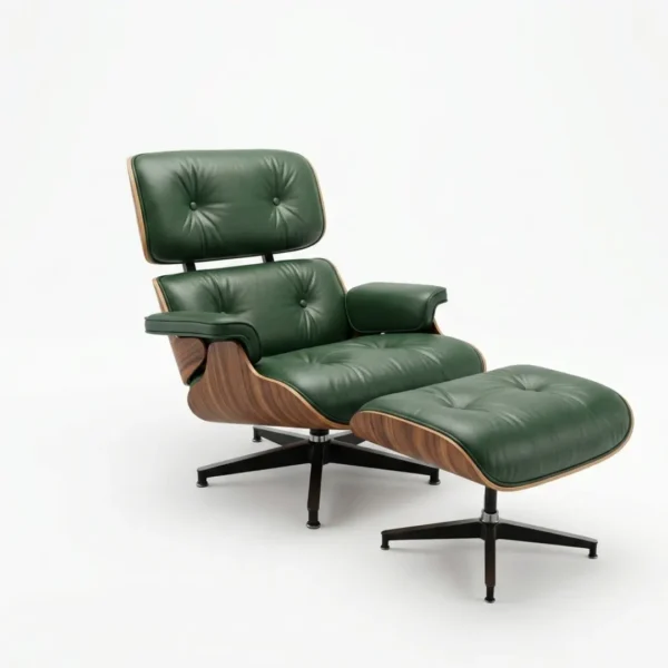 Emerald Green leather Palisander Wood Eames-style lounge chair, with matching ottoman