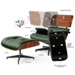 Emerald Green leather Palisander Wood Eames-style lounge chair, close-up of the snap-lock cushion fitting