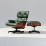 Emerald Green leather Palisander Wood Eames-style lounge chair, close-up of the wood veneer grain