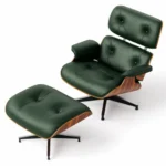Emerald Green leather Palisander Wood Eames-style lounge chair, styled in a living room setting