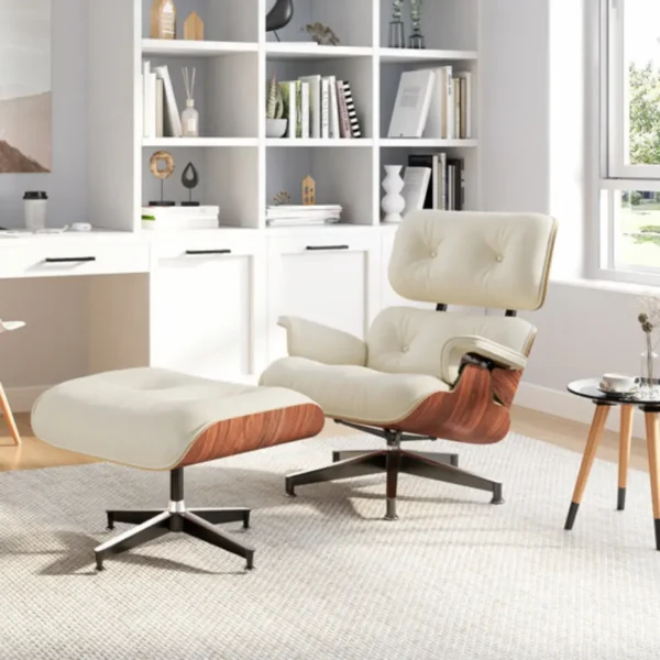 Ivory White leather Palisander Wood Premium XL Eames-style lounge chair, side profile