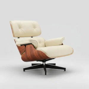 Ivory White leather Palisander Wood Premium XL Eames-style lounge chair, back view