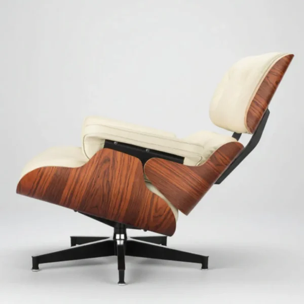 Ivory White leather Palisander Wood Premium XL Eames-style lounge chair, close-up of hand-sewn welted cushion stitching