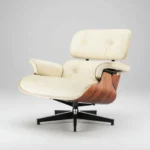 Ivory White leather Palisander Wood Premium XL Eames-style lounge chair, close-up of the wood veneer grain