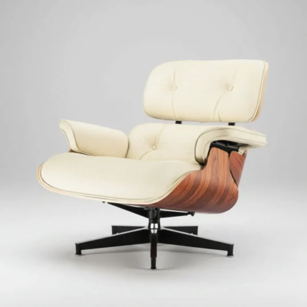 Ivory White leather Palisander Wood Premium XL Eames-style lounge chair, close-up of the wood veneer grain